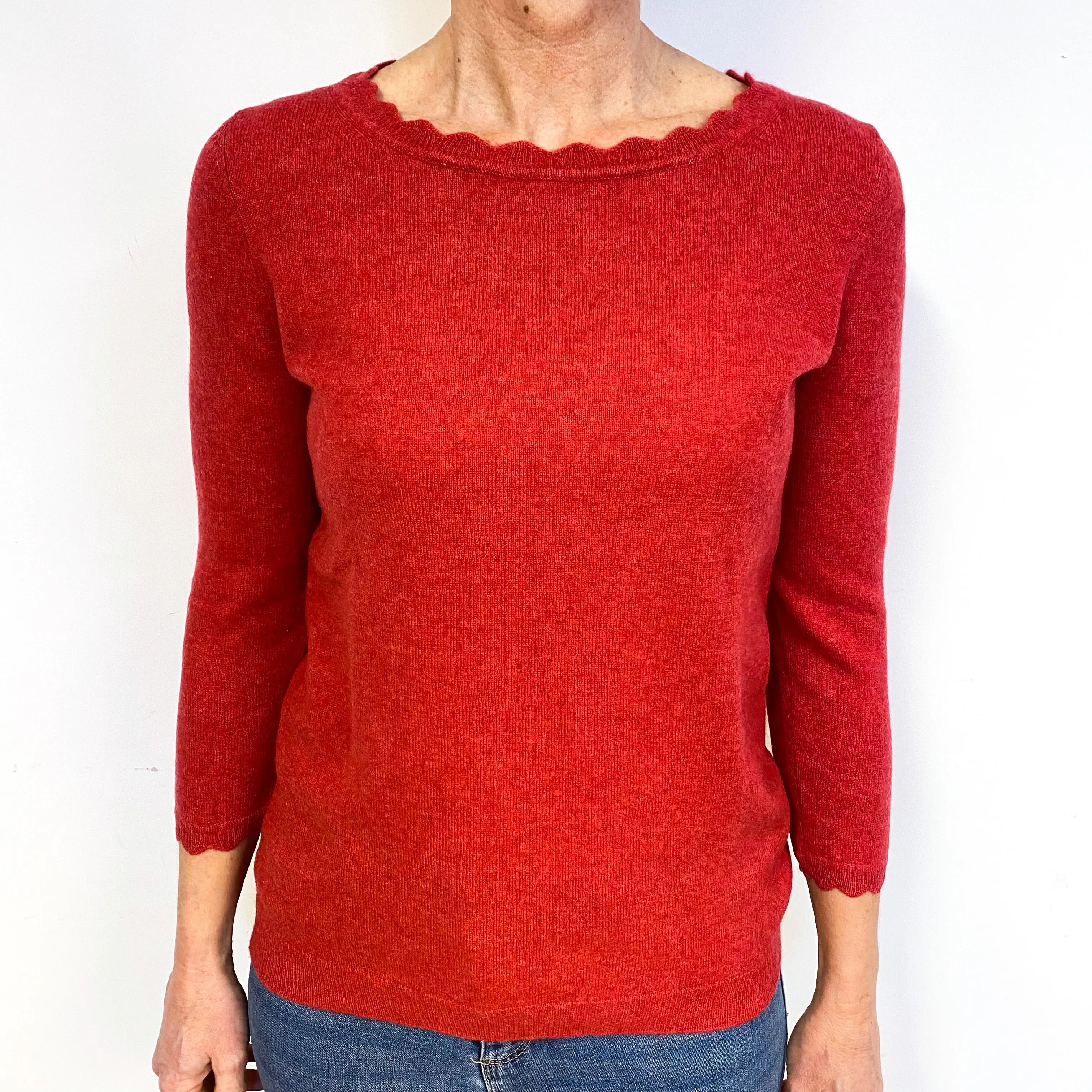 Paprika Red Scalloped Cashmere Crew Neck Jumper Medium