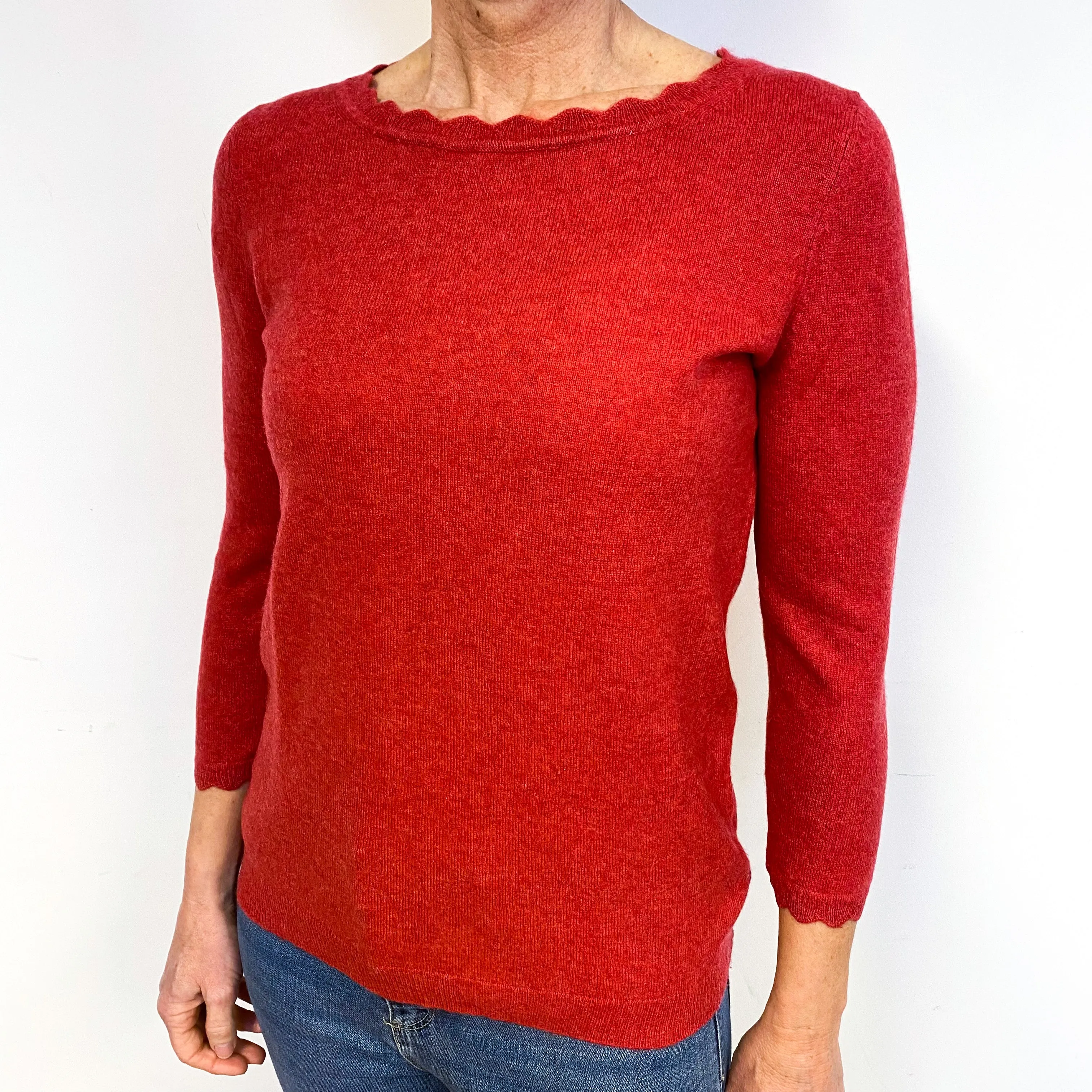 Paprika Red Scalloped Cashmere Crew Neck Jumper Medium