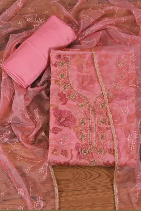 Peach Embellished Organza Unstitched Dress Material With Dupatta