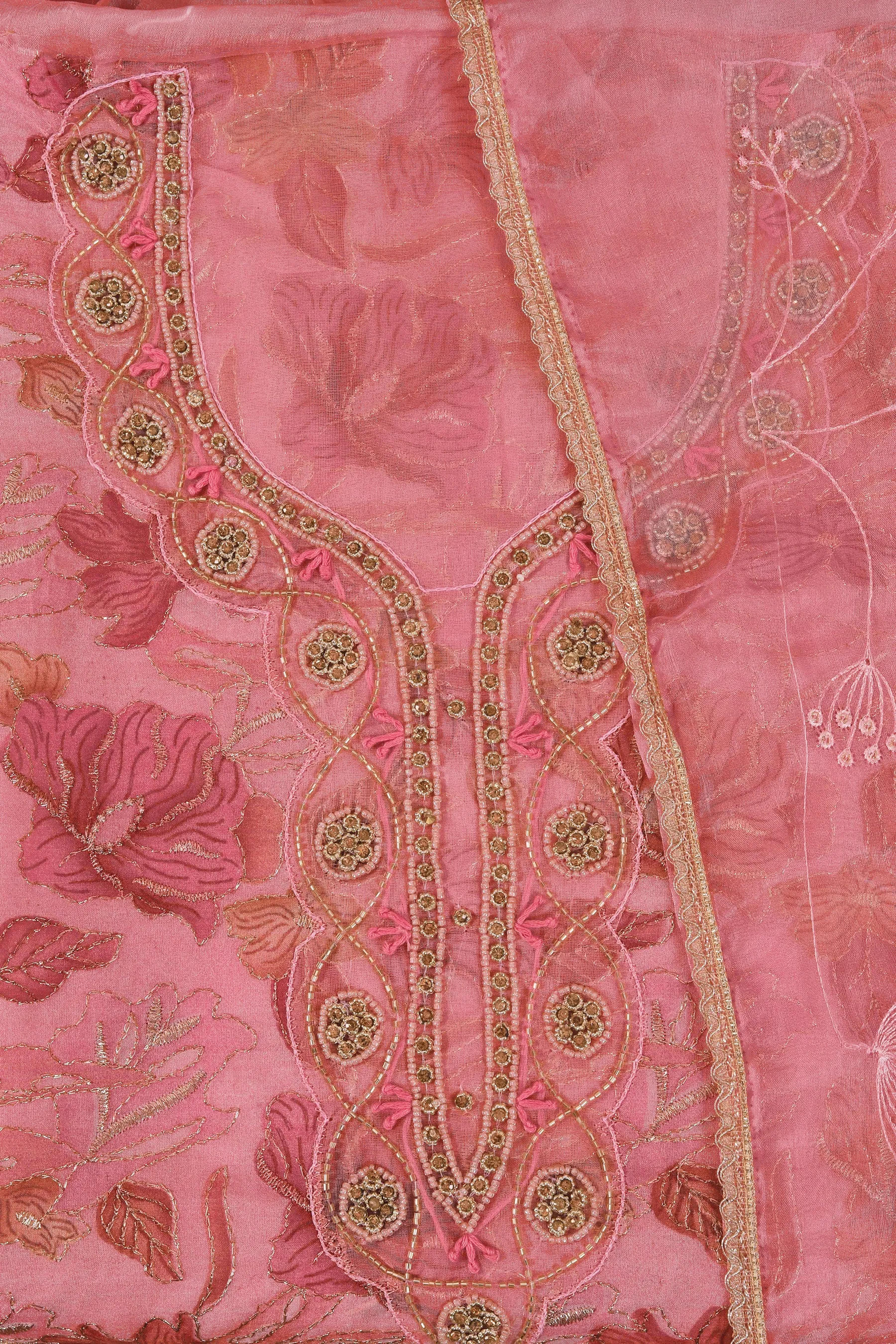 Peach Embellished Organza Unstitched Dress Material With Dupatta