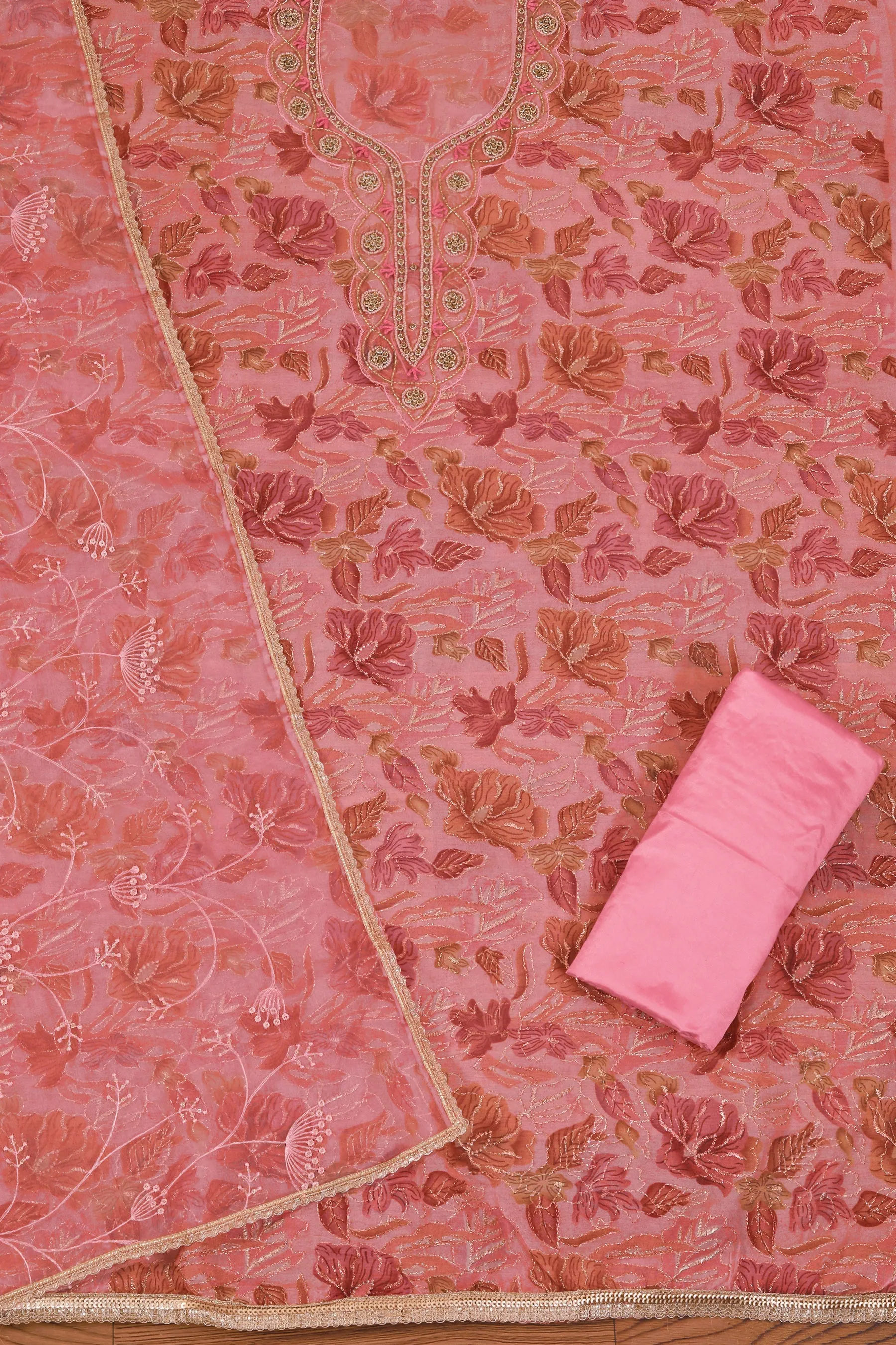 Peach Embellished Organza Unstitched Dress Material With Dupatta