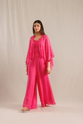 Pink Georgette Jumpsuit with Organza Cape