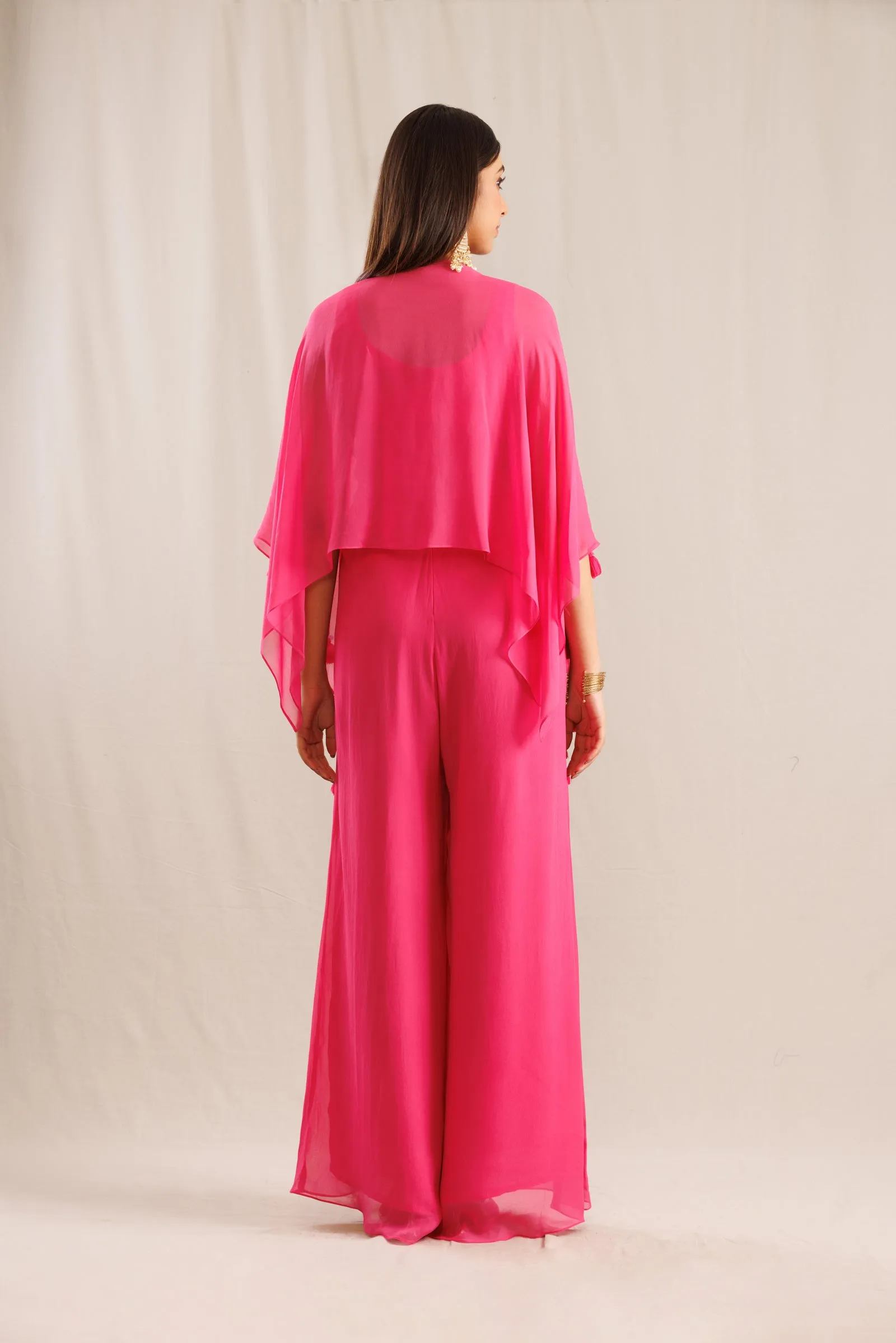 Pink Georgette Jumpsuit with Organza Cape