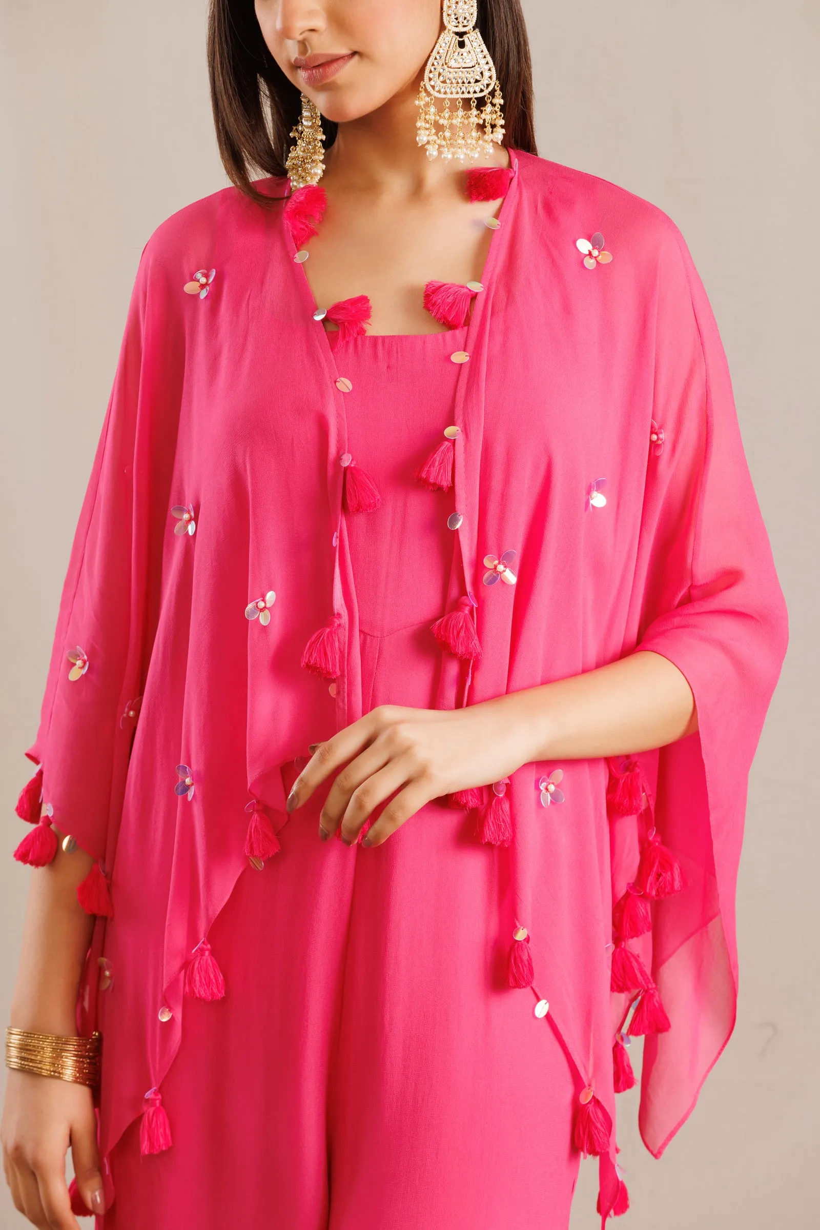 Pink Georgette Jumpsuit with Organza Cape