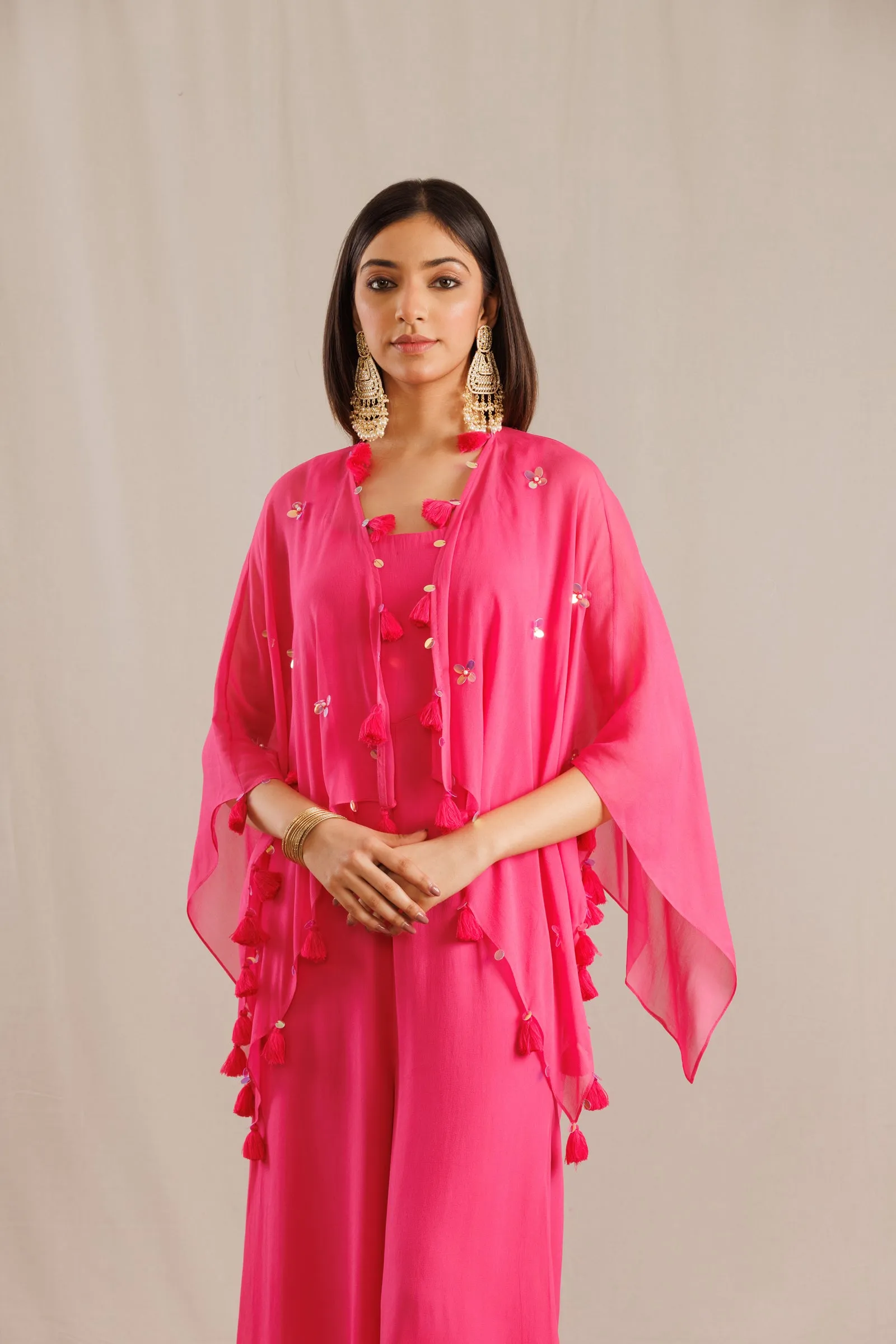 Pink Georgette Jumpsuit with Organza Cape