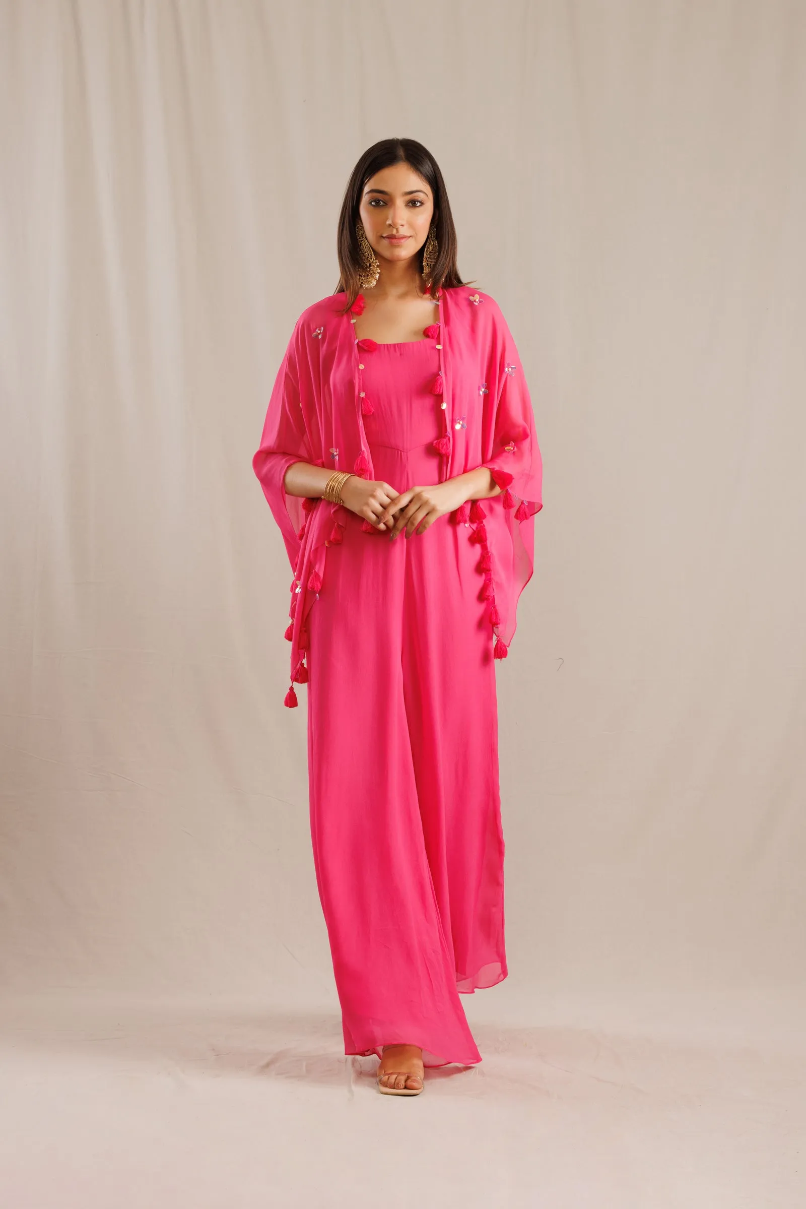 Pink Georgette Jumpsuit with Organza Cape