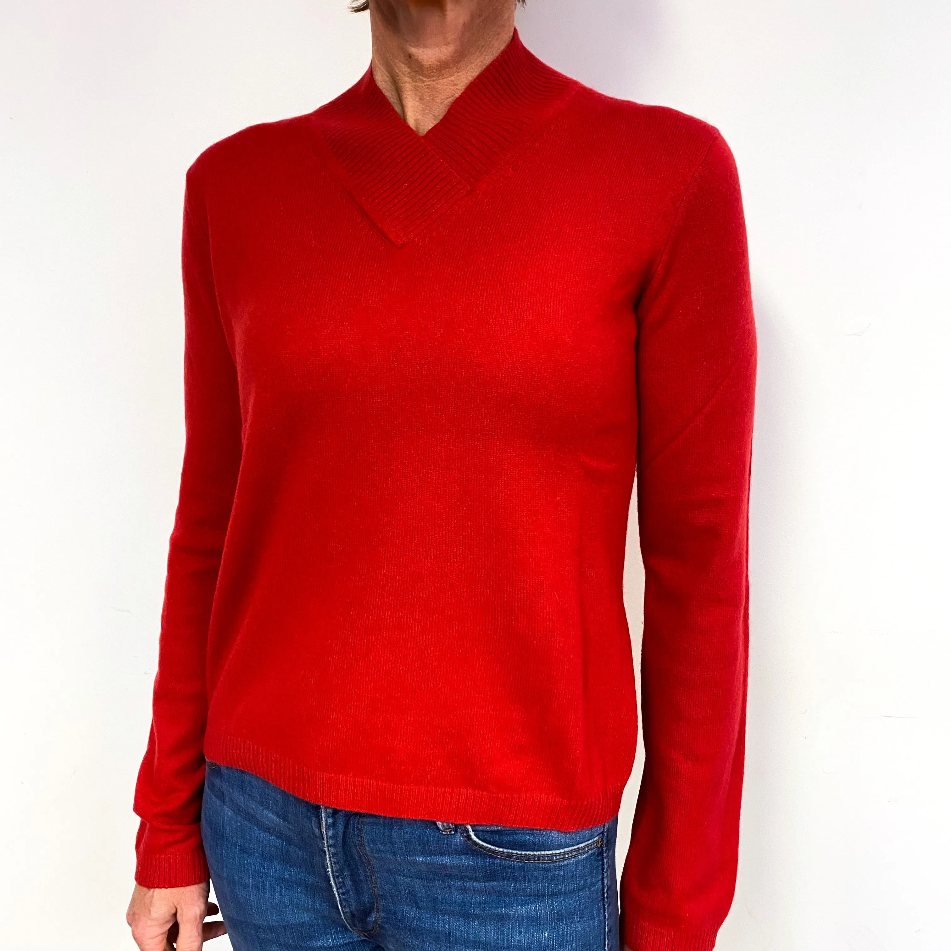 Post Box Red Cashmere Crossover V-Neck Jumper Medium