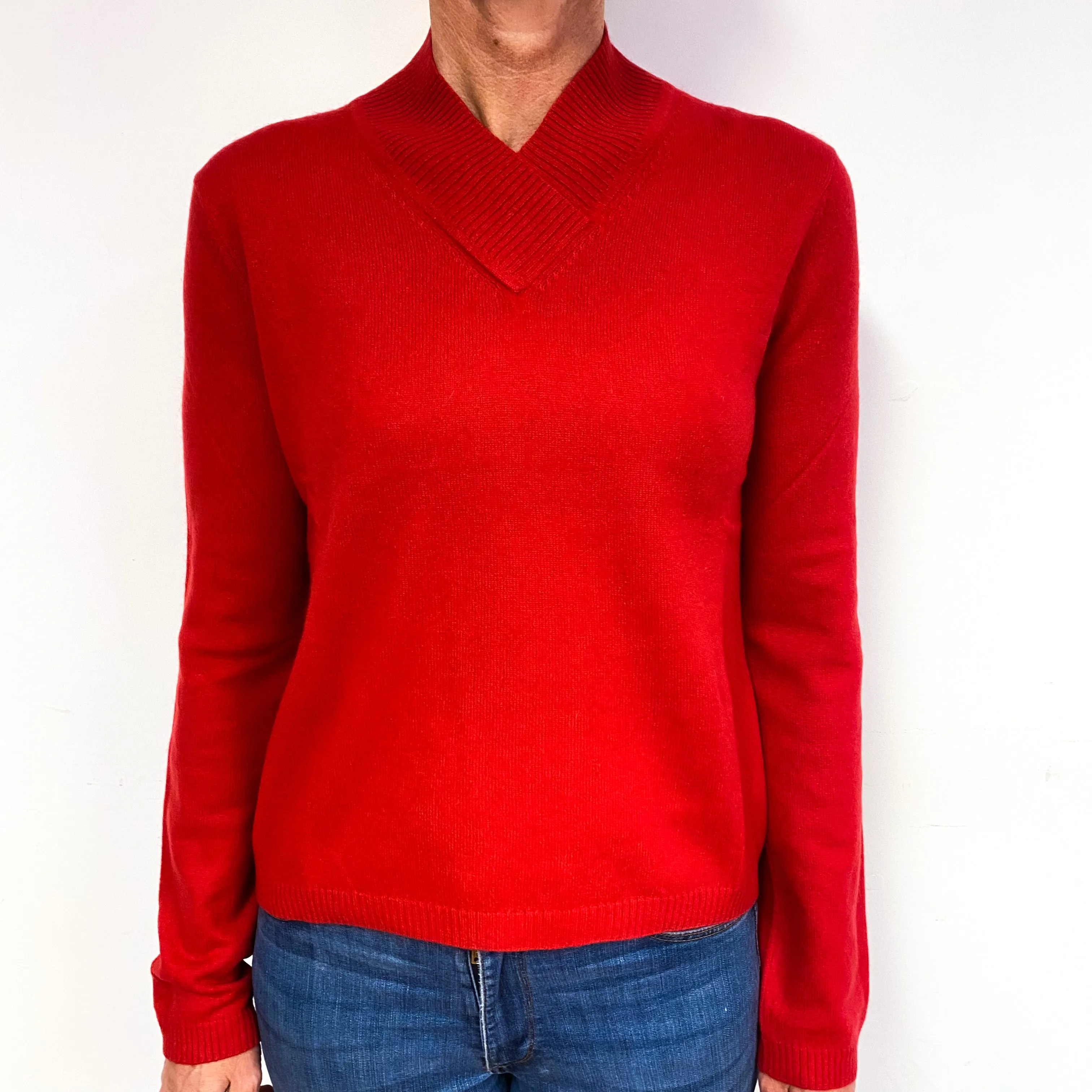 Post Box Red Cashmere Crossover V-Neck Jumper Medium
