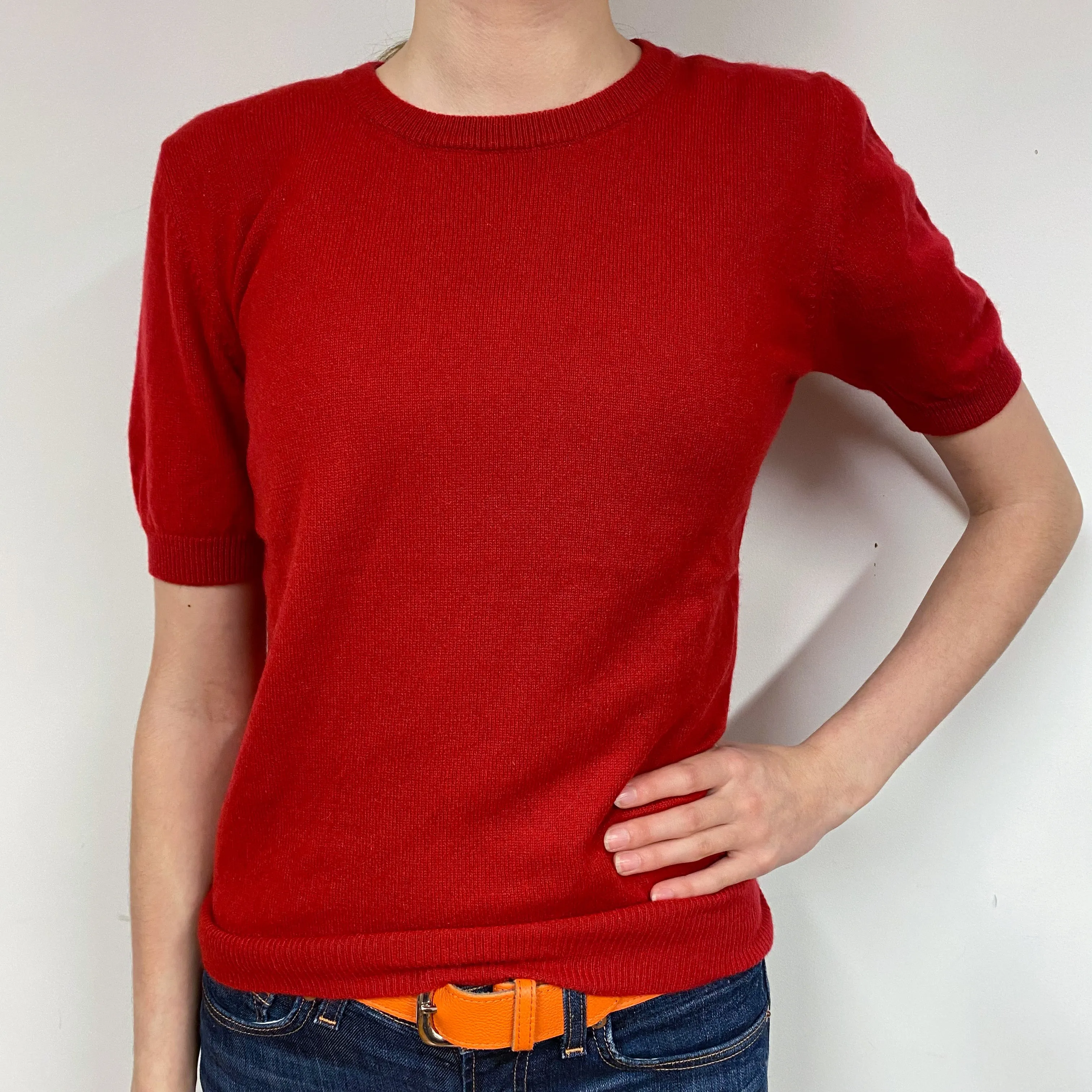 Post Box Red Cashmere Short Sleeved Jumper Extra Small