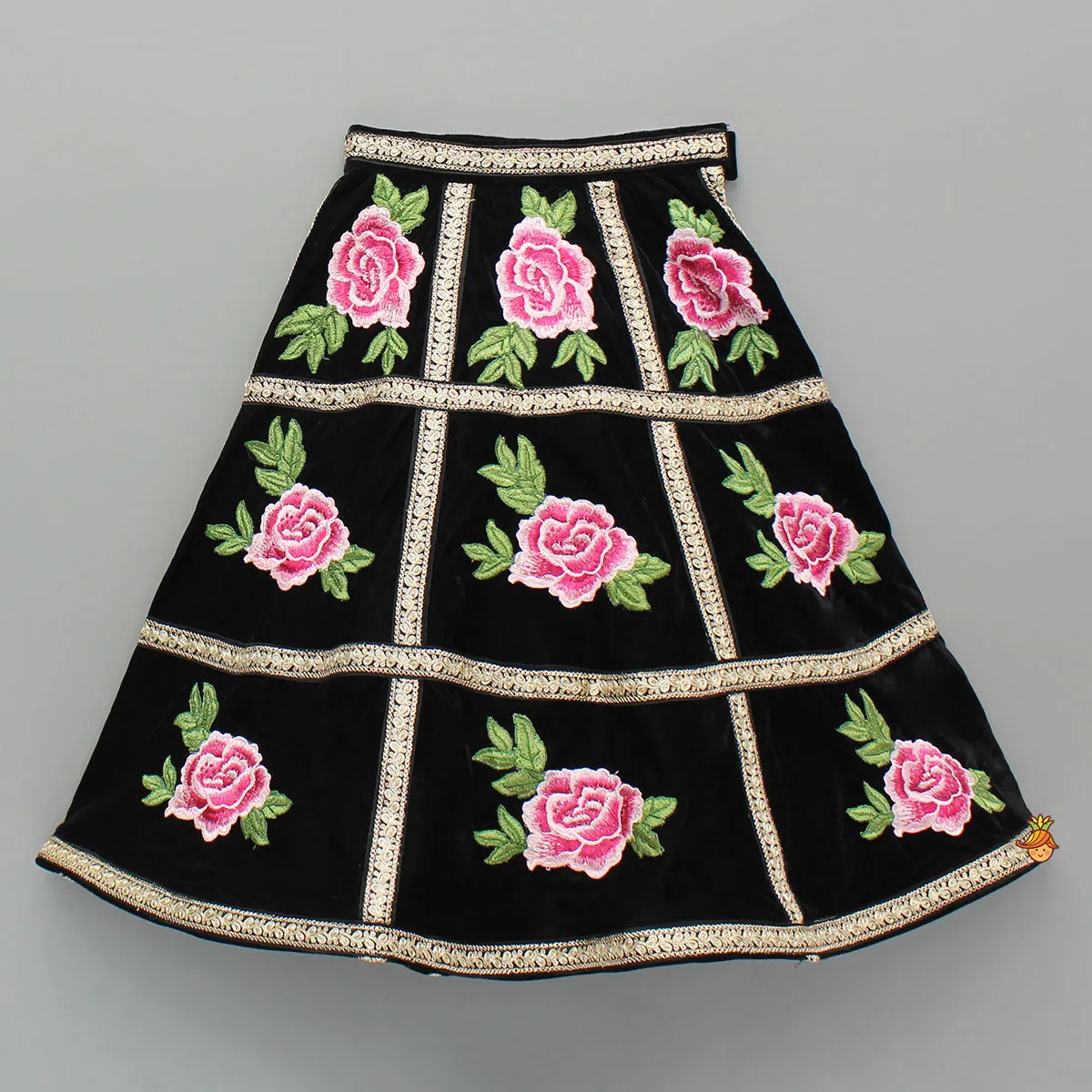 Pre Order: Black Velvet Embroidered Lace Detailed Strap Top With Cape And Lehenga