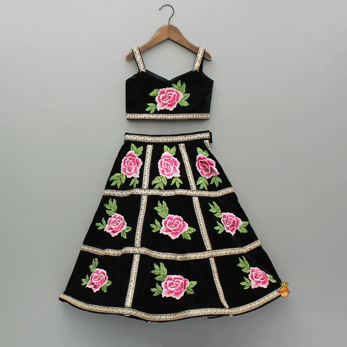 Pre Order: Black Velvet Embroidered Lace Detailed Strap Top With Cape And Lehenga