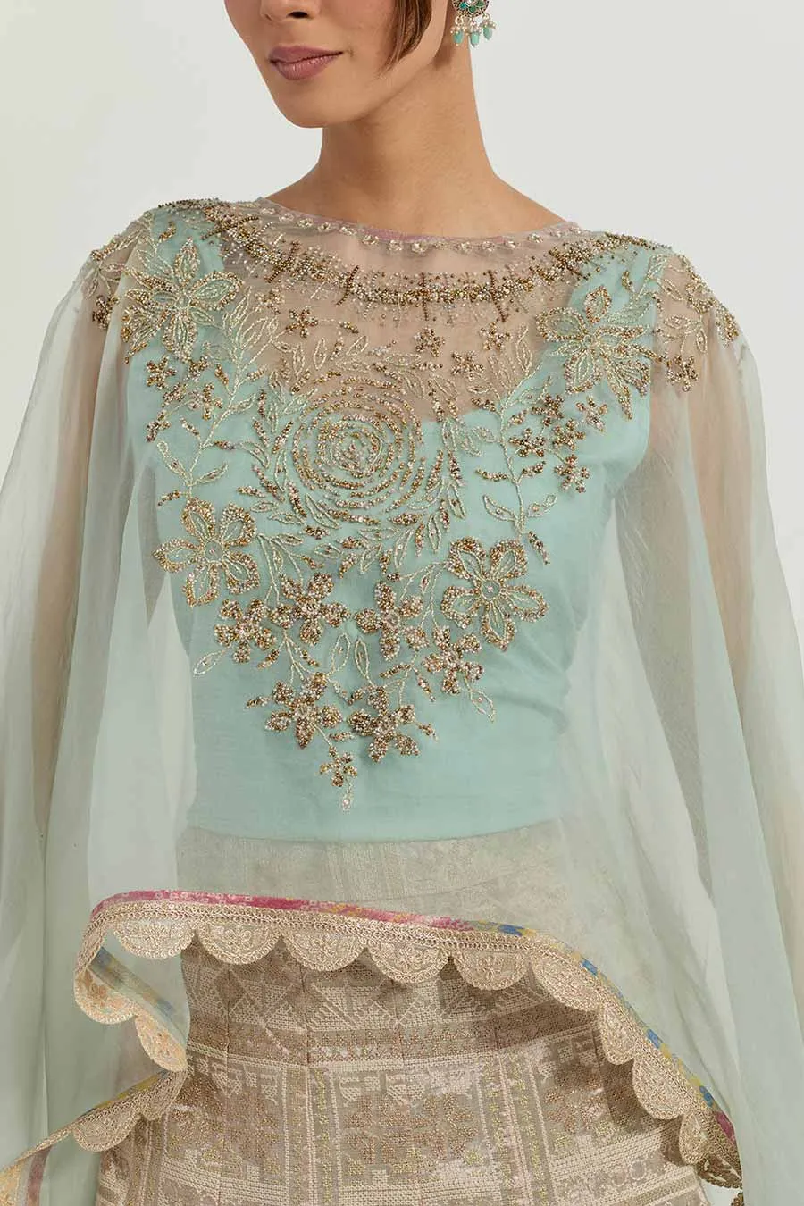 Raeth Sage Embroidered Cape & Tissue Lehenga Set