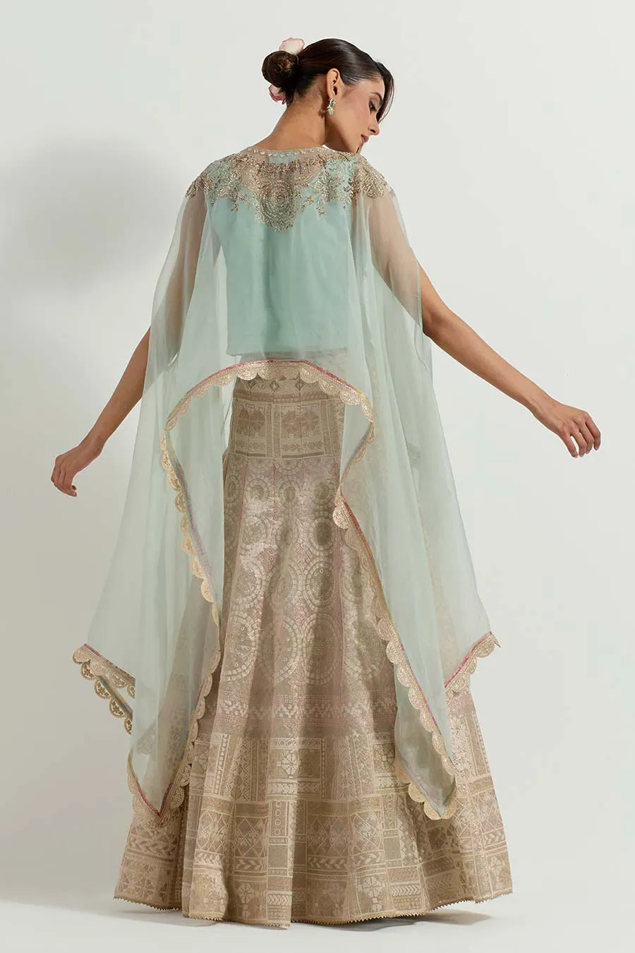 Raeth Sage Embroidered Cape & Tissue Lehenga Set