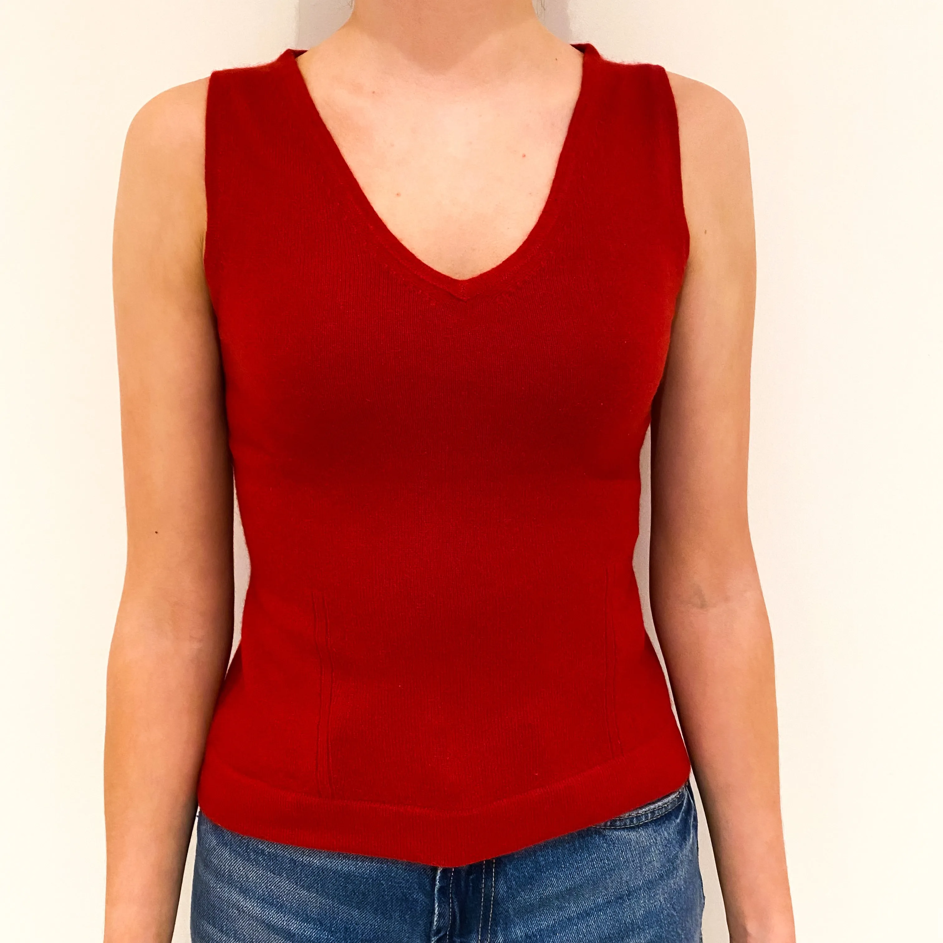 Red Cashmere V-Neck Sleeveless Jumper Extra Small