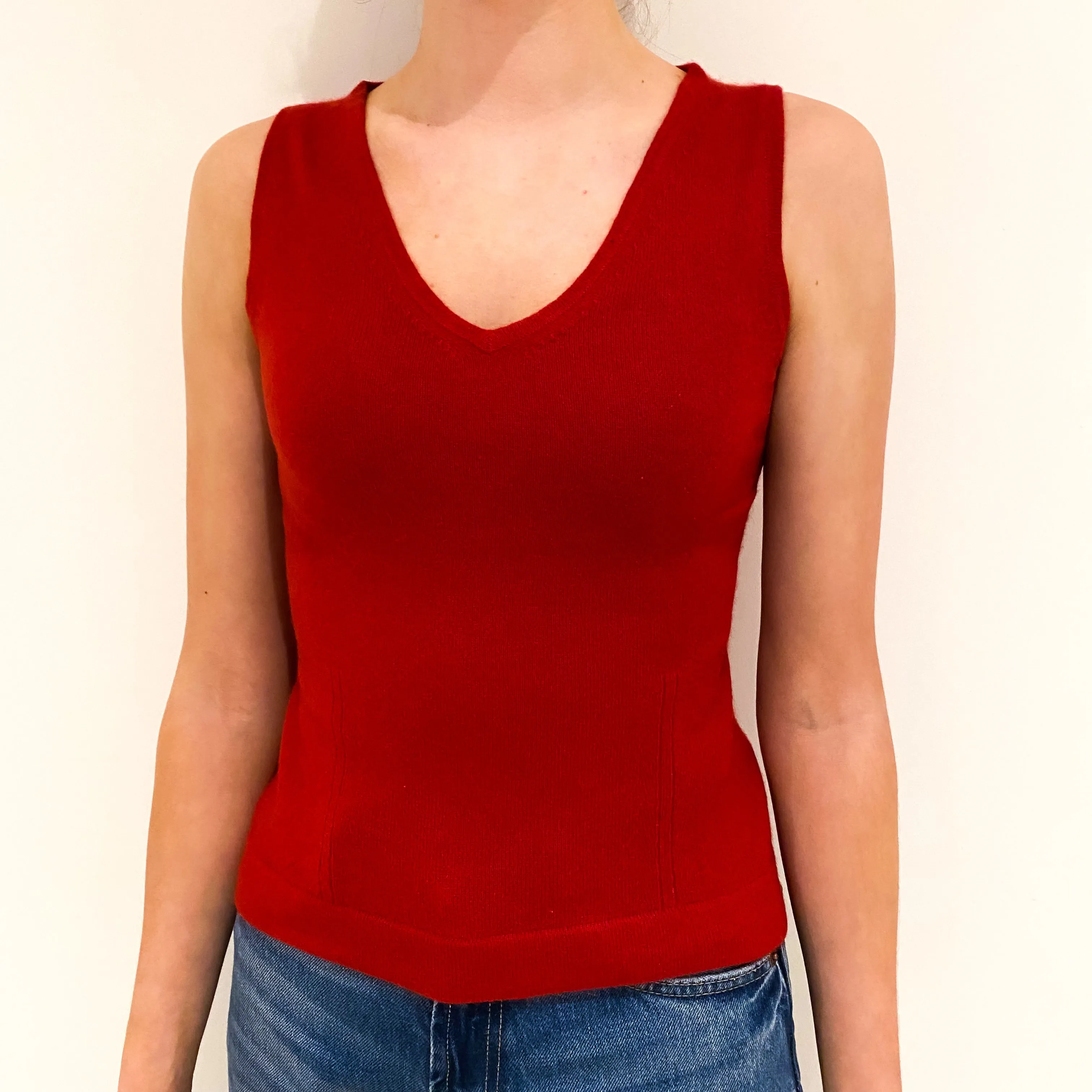 Red Cashmere V-Neck Sleeveless Jumper Extra Small