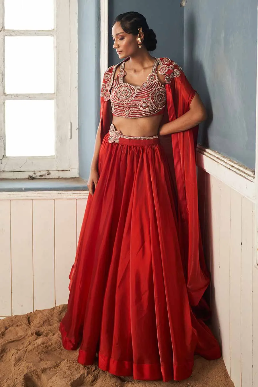 Red Hand-Embroidered Blouse, Lehenga & Cape Set