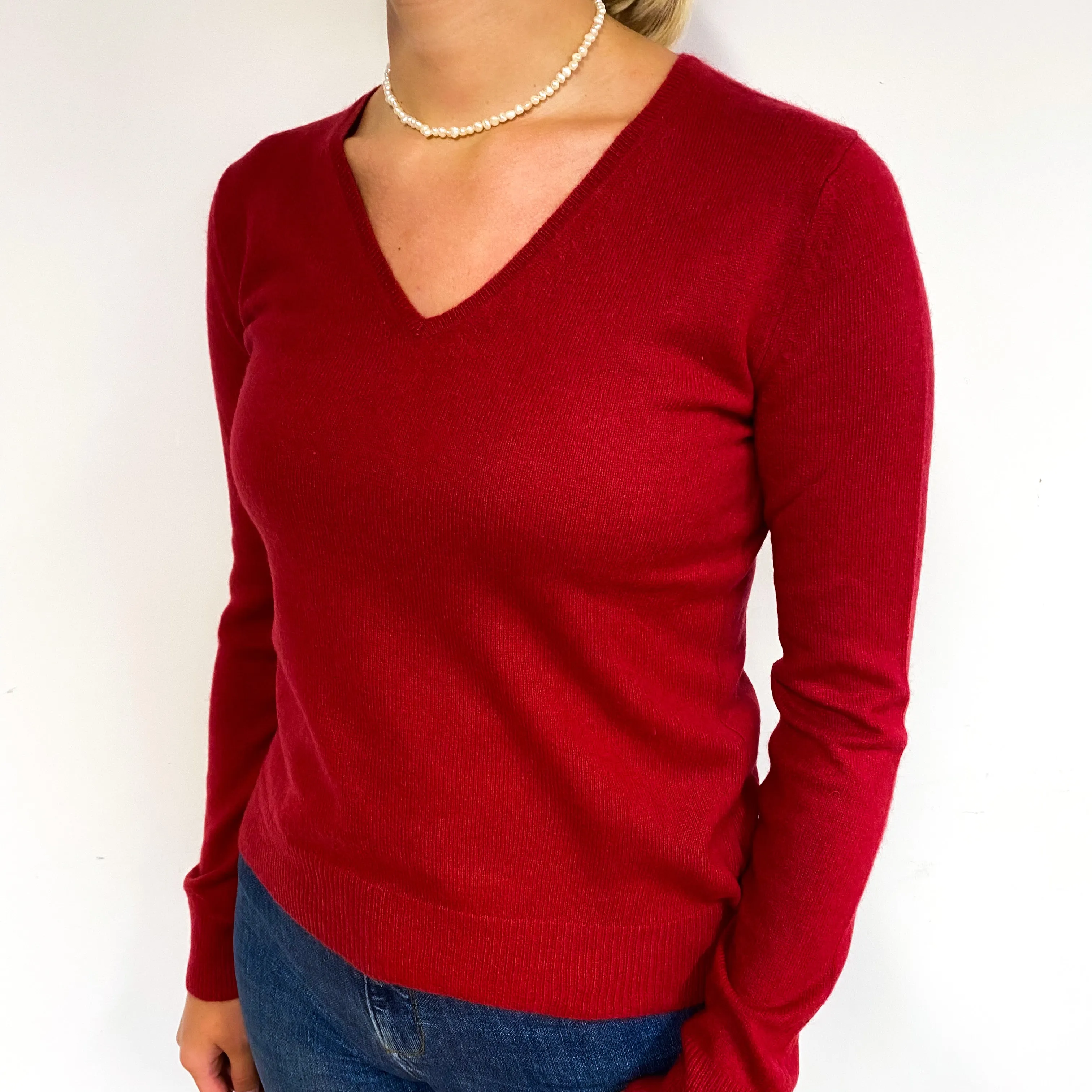 Ruby Red Cashmere V-Neck Jumper Small