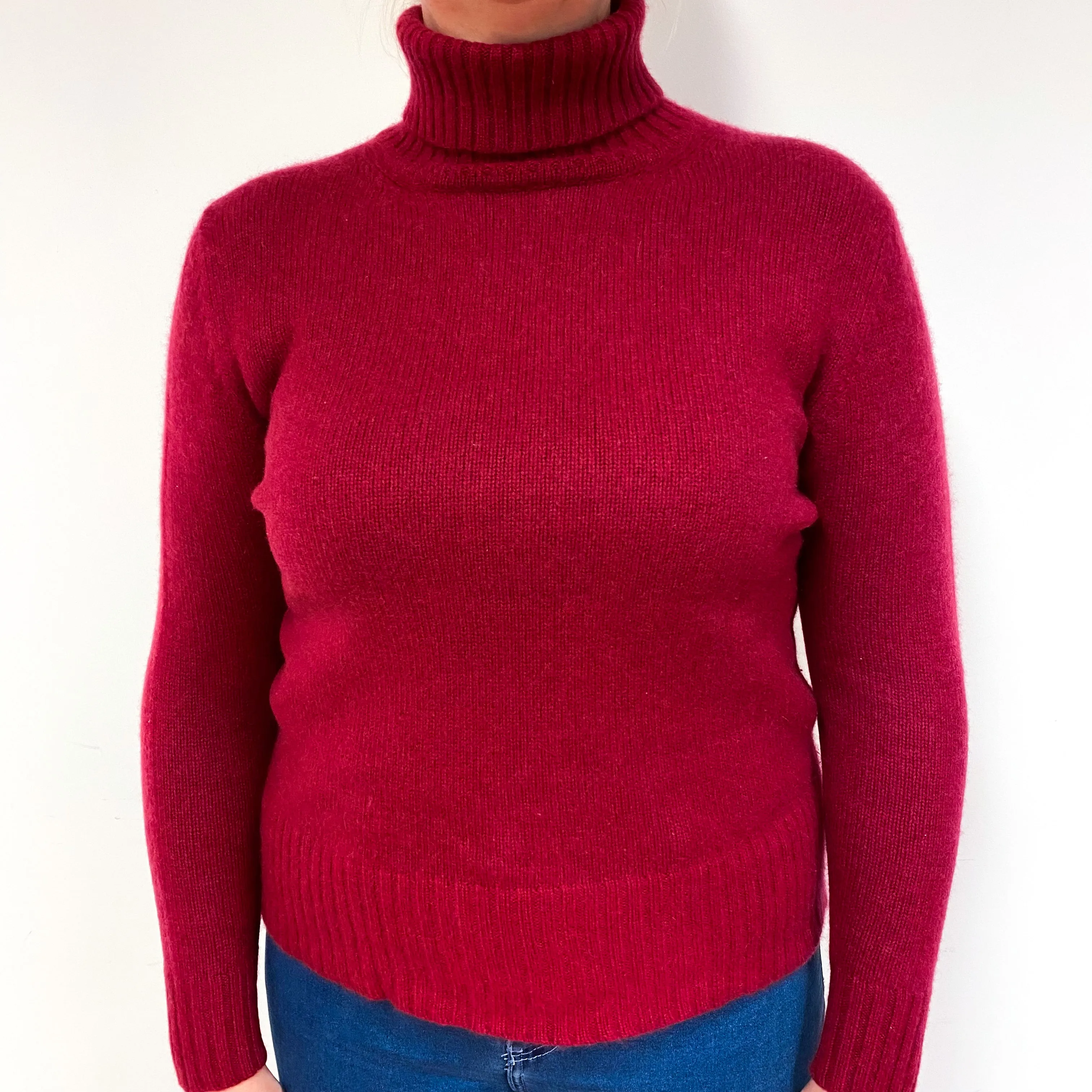 Ruby Red Chunky Cashmere Polo Neck Jumper Large