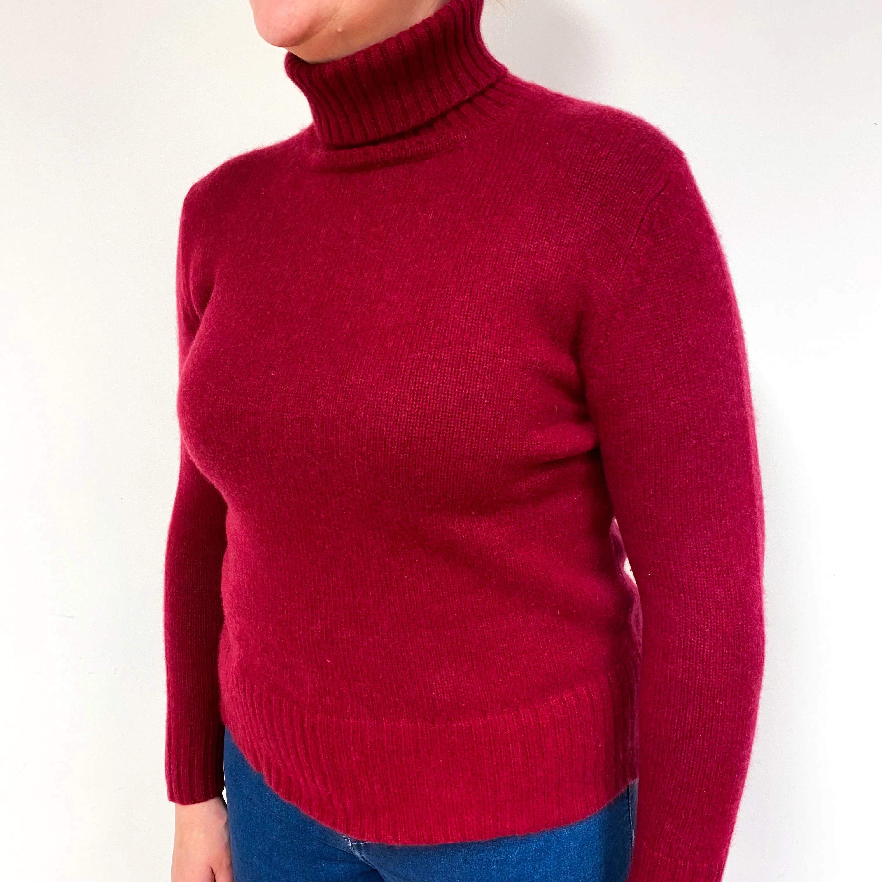 Ruby Red Chunky Cashmere Polo Neck Jumper Large
