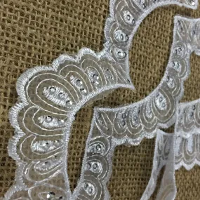 Scallopes Trim Lace Embroidered & Silver Sequins Double Border Organza Ground, 2" Wide, White, Multi-use Bridal Veil Communion Christening Baptism Dress Cape