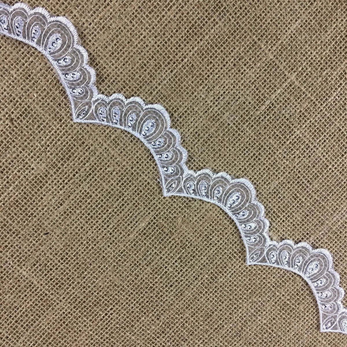 Scallopes Trim Lace Embroidered & Silver Sequins Double Border Organza Ground, 2" Wide, White, Multi-use Bridal Veil Communion Christening Baptism Dress Cape