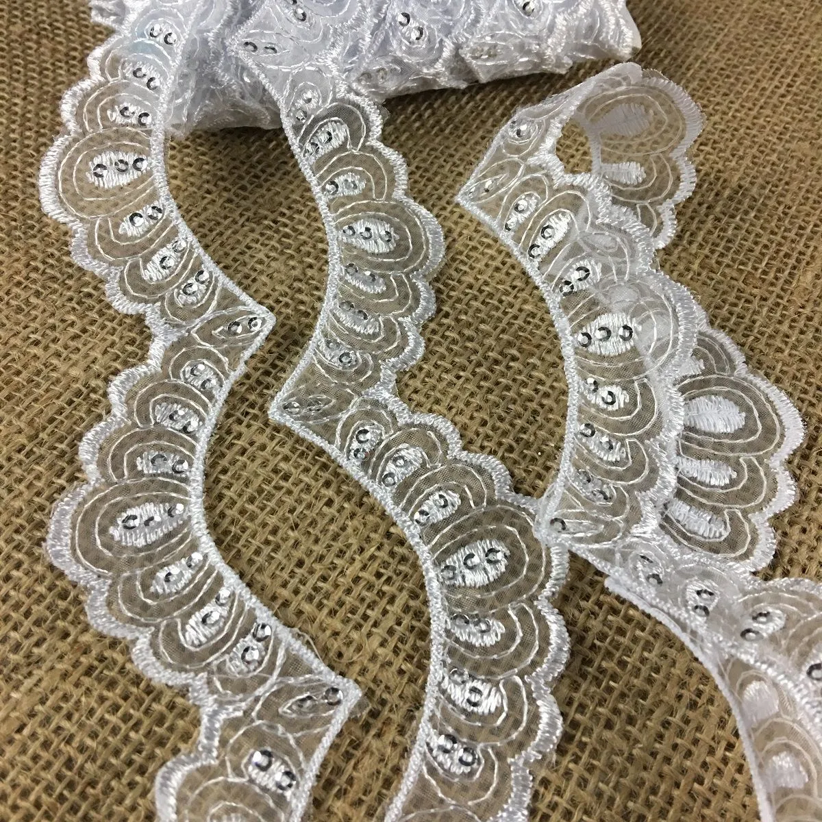 Scallopes Trim Lace Embroidered & Silver Sequins Double Border Organza Ground, 2" Wide, White, Multi-use Bridal Veil Communion Christening Baptism Dress Cape