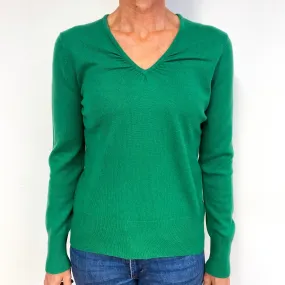 Shamrock Green Pleated Neckline Cashmere V-Neck Jumper Medium