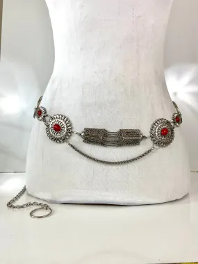 Silver red tone waist belt