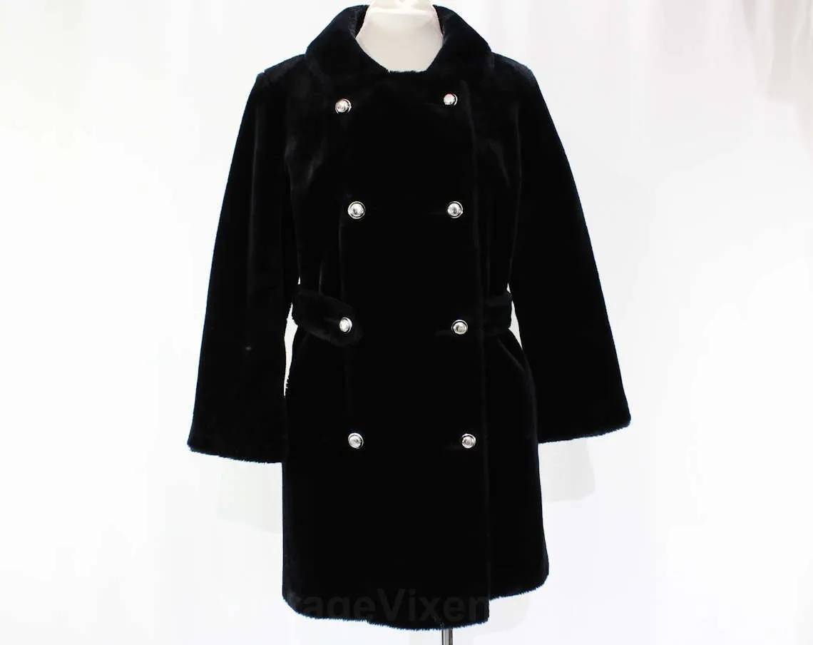 Size 10 Faux Fur Coat - Plush Black 1960s Mod Chic Overcoat - Medium Double Breasted 60s Outerwear - Fall Winter Furry Fun - Bust 38