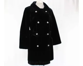Size 10 Faux Fur Coat - Plush Black 1960s Mod Chic Overcoat - Medium Double Breasted 60s Outerwear - Fall Winter Furry Fun - Bust 38