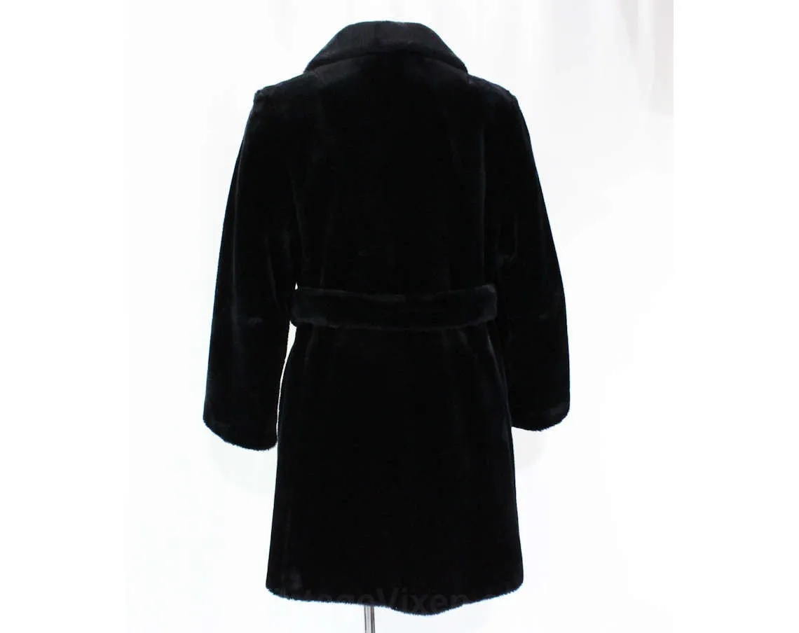 Size 10 Faux Fur Coat - Plush Black 1960s Mod Chic Overcoat - Medium Double Breasted 60s Outerwear - Fall Winter Furry Fun - Bust 38