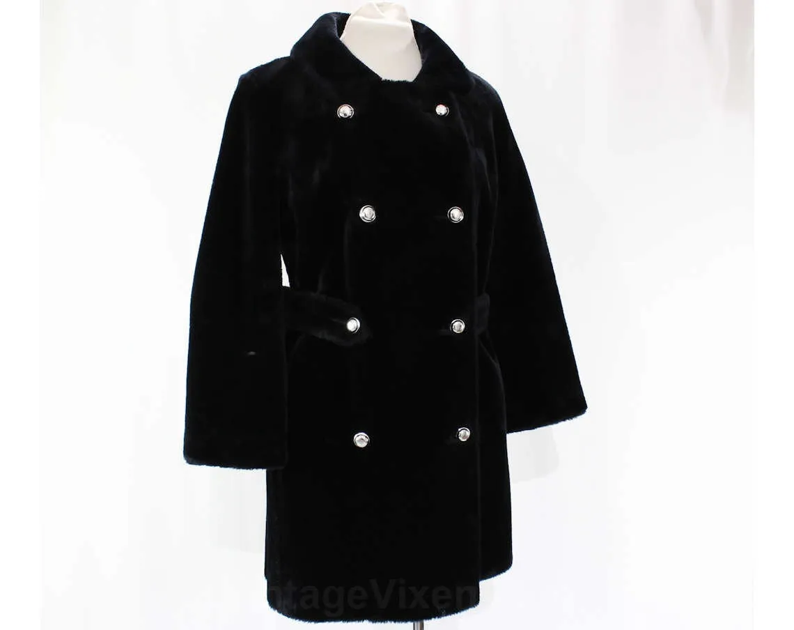 Size 10 Faux Fur Coat - Plush Black 1960s Mod Chic Overcoat - Medium Double Breasted 60s Outerwear - Fall Winter Furry Fun - Bust 38