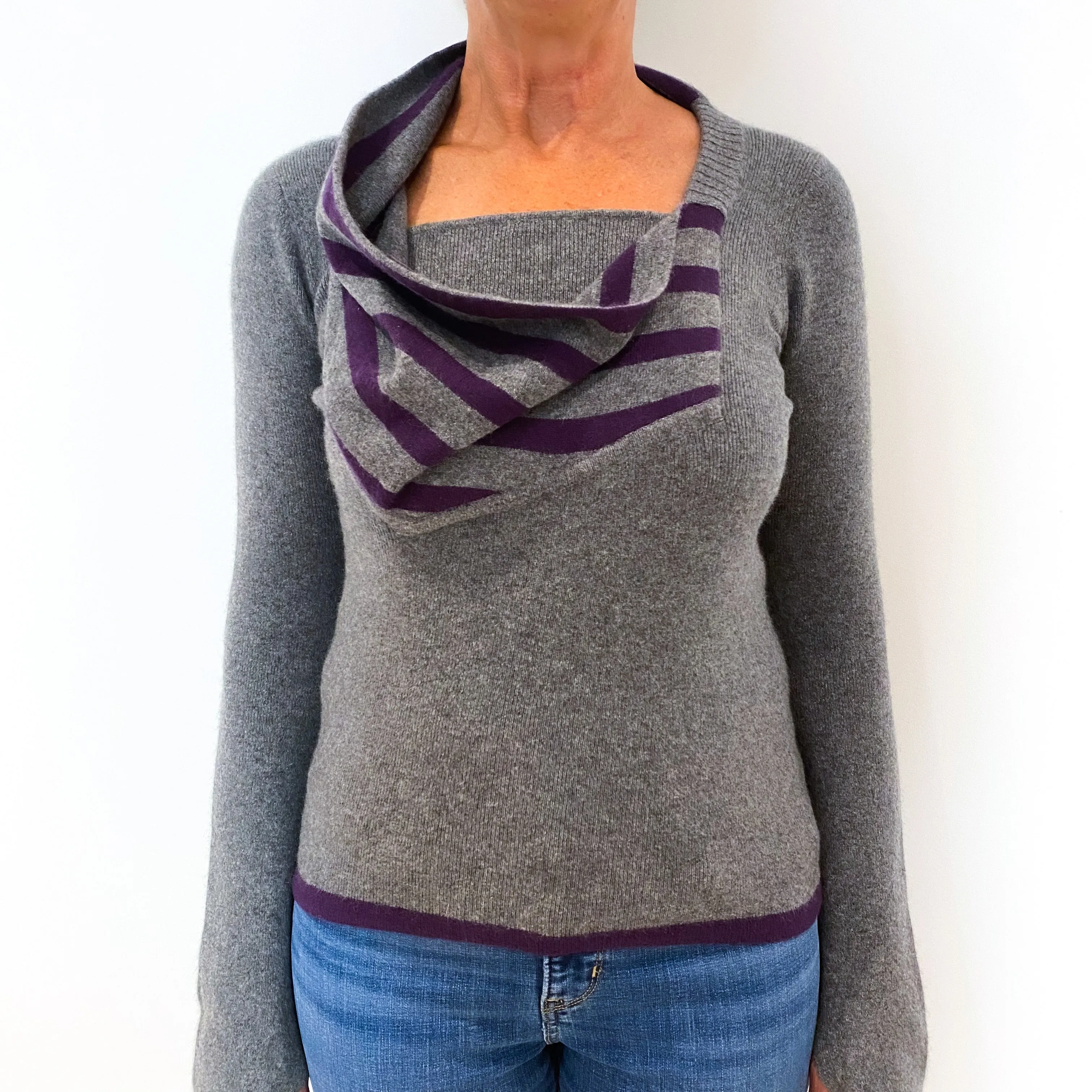 Slate Grey Cashmere Crew Neck Jumper with Purple Striped Cowl Collar Medium