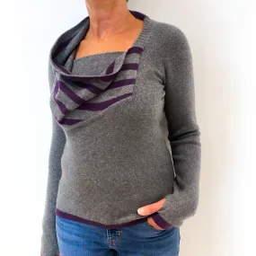 Slate Grey Cashmere Crew Neck Jumper with Purple Striped Cowl Collar Medium