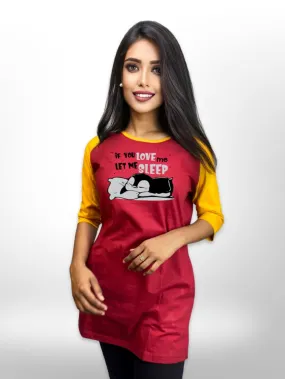 Sleepy Cat Long T-shirt Maroon Raglan Sleeve Side Pocket