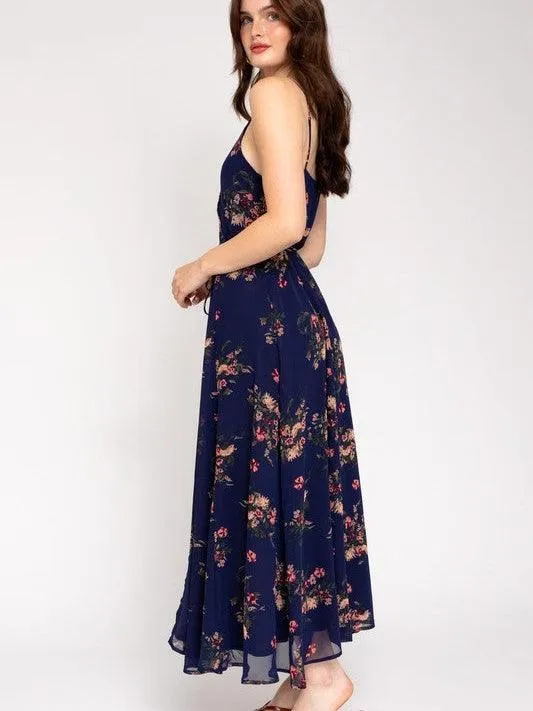 Soft Navy Floral Wrap Maxi Dress