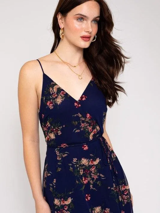 Soft Navy Floral Wrap Maxi Dress