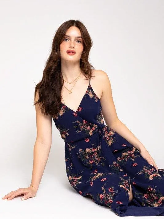 Soft Navy Floral Wrap Maxi Dress