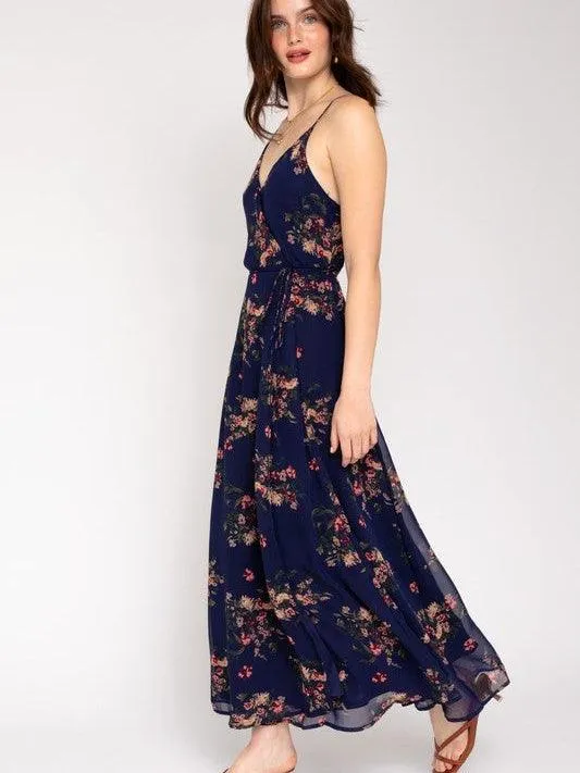 Soft Navy Floral Wrap Maxi Dress