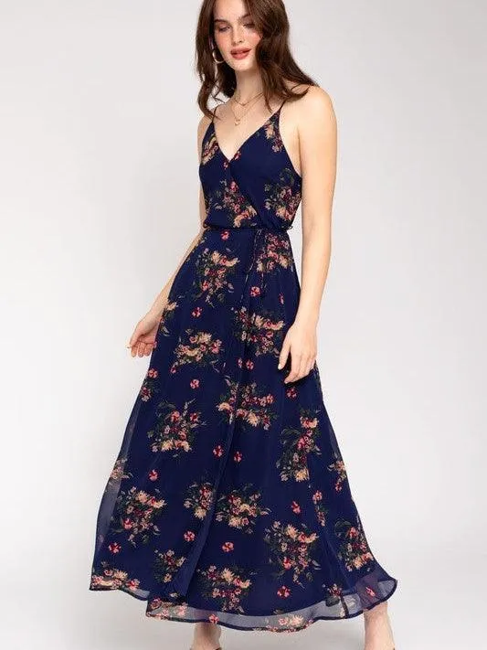 Soft Navy Floral Wrap Maxi Dress