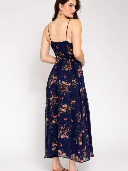 Soft Navy Floral Wrap Maxi Dress