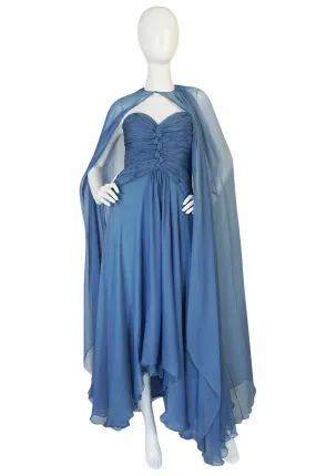 Spring 1990 Oscar de la Renta Ice Blue Silk Chiffon Dress & Cape