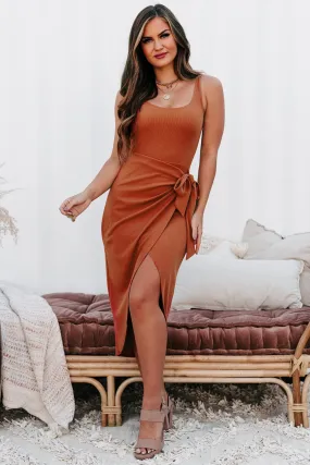 Stylish Splendor Ribbed High-Low Wrap Dress (Brick)