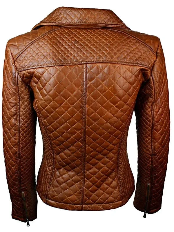 Tan Brown Women Quilted Sheepskin Leather Jacket