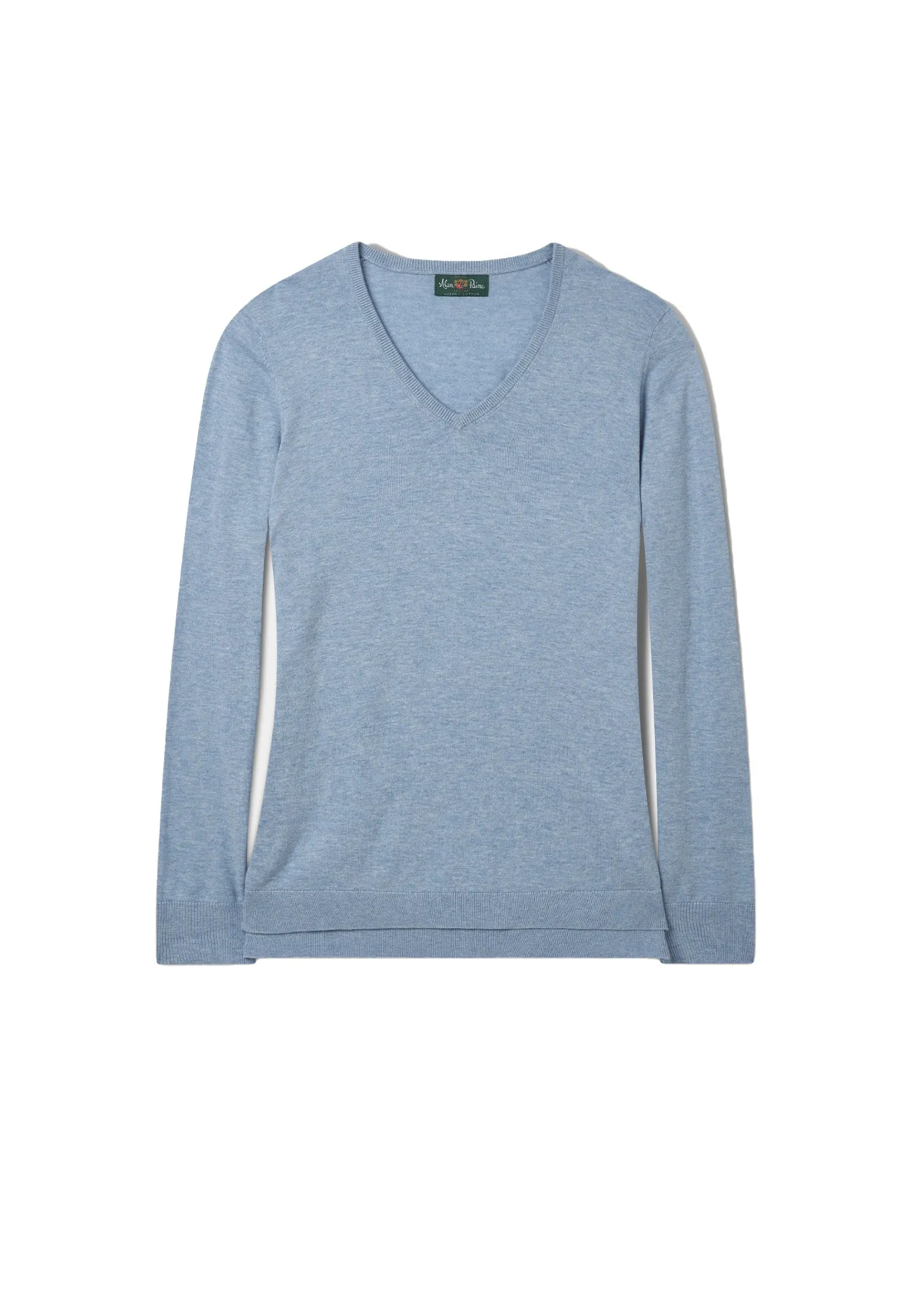 Thea Cotton Cashmere Vee Neck Jumper In Steel Blue