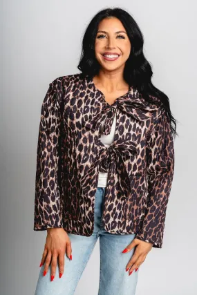 Tie detail quilted jacket leopard