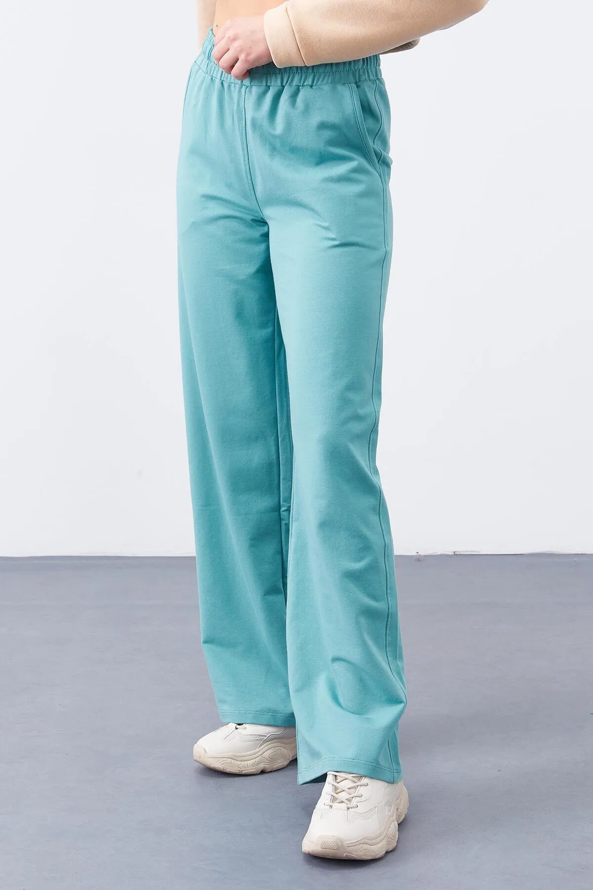 TMY Mint Green High Waisted Pocketed Comfort Fit Wide Leg Women's Sweatpants - 94567 - Lochau