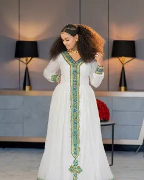 Vibrant Habesha Dress with Wide Handwoven Embellishment: for Cultural Festivals or Occasions Traditional Ethiopian Dress