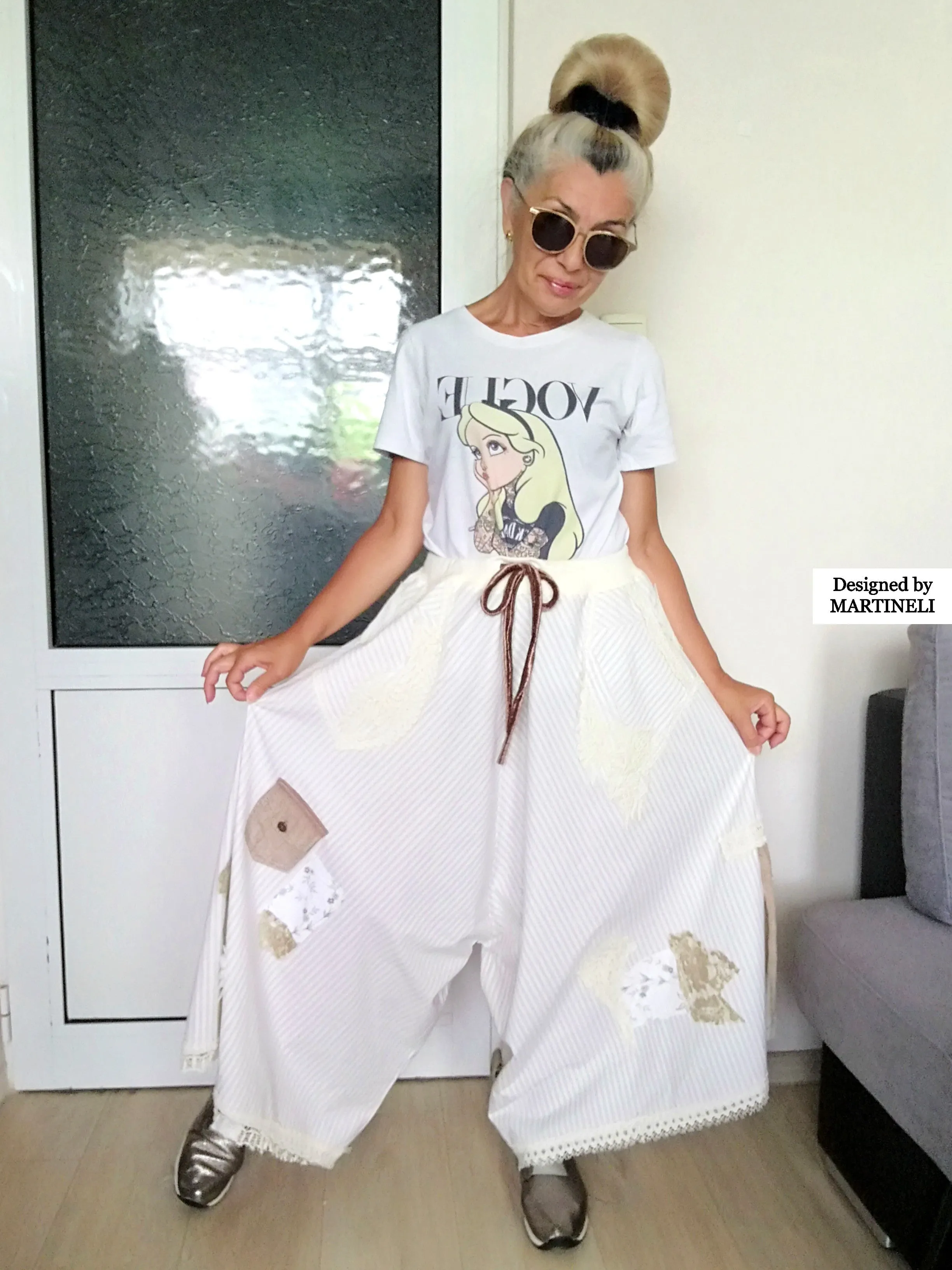 White Drop Crotch Pants For Women M/XL Boho Harem Pants