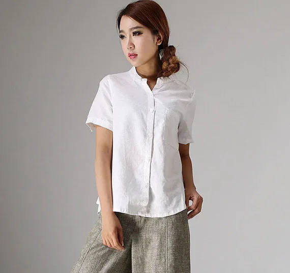 White linen blouse short sleeve tops 98611